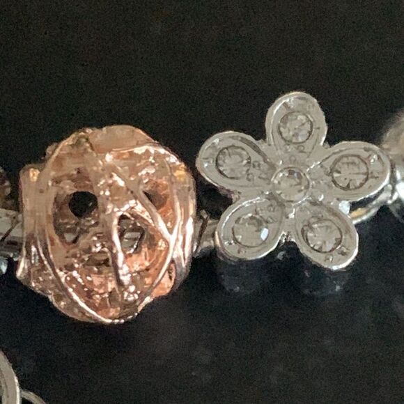 Mixed Metal Tone Charm Bracelet with Heart, Flower & Bead Charms - Picture 5 of 9